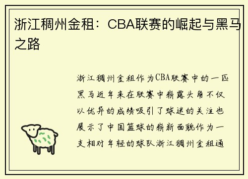 浙江稠州金租：CBA联赛的崛起与黑马之路
