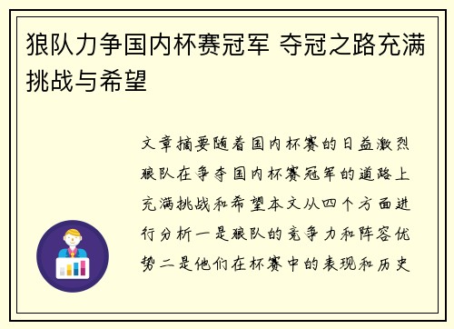 狼队力争国内杯赛冠军 夺冠之路充满挑战与希望